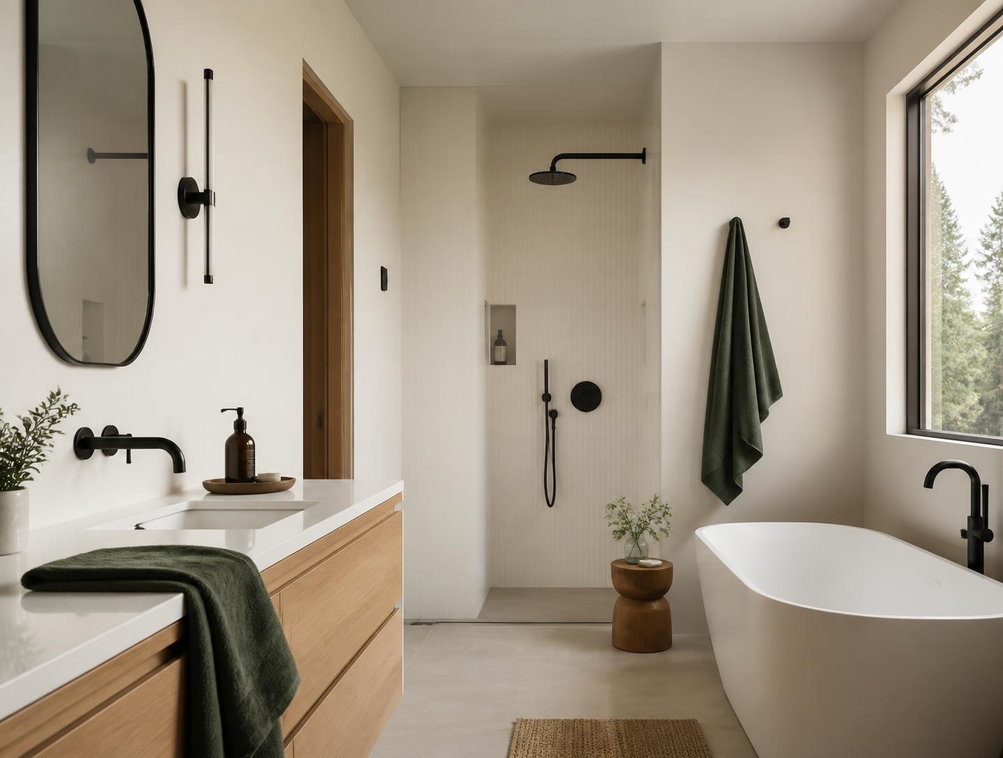 Calm, modern renovated bathroom with a freestanding tub and natural light